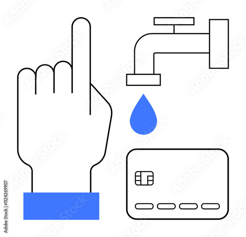 Hand pointing upward, faucet with a blue water drop, and a credit card. Ideal for water conservation, financial management, online payments, utilities, household expenses, environmental awareness
