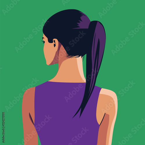 Back View of a Woman with a High Ponytail, Wearing a Purple Sleeveless Dress Against a Green Background. Vector Illustration. Minimalist Illustration Vector.