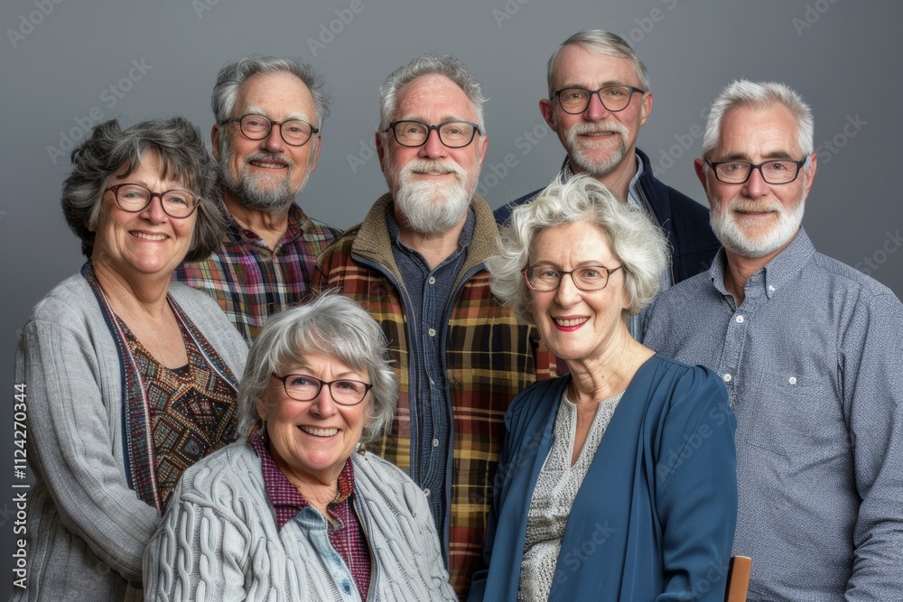 Group of senior people smiling and looking at the camera over grey background Group of senior people smiling and looking at the camera over grey background