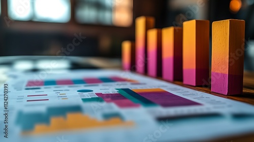 Colorful wooden bar graphs on documents with charts and graphs.