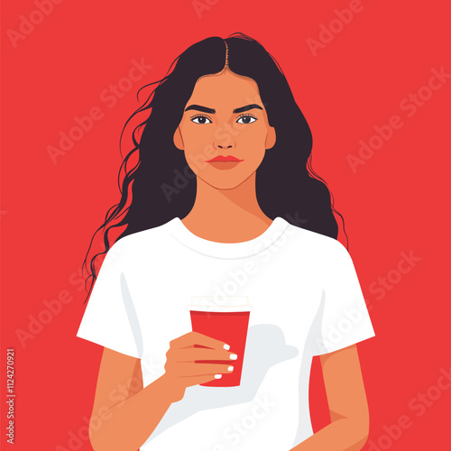 Portrait of a Young Woman with Long Dark Hair Holding a Red Coffee Cup Against a Red Background. Vector Illustration. Minimalist Illustration Vector.
