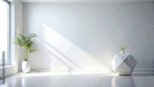 Sunlit Minimalist Room Interior Design with Geometric Side Table and Potted Plants