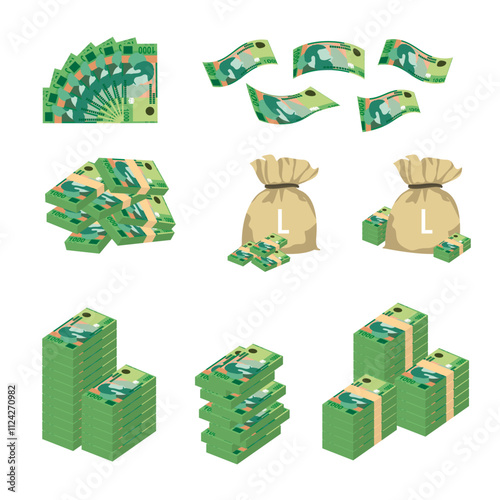 Albanian Lek Vector Illustration. Huge packs of Albania money set bundle banknotes. Bundle with cash bills. Deposit, wealth, accumulation and inheritance. Falling money 1000 ALL