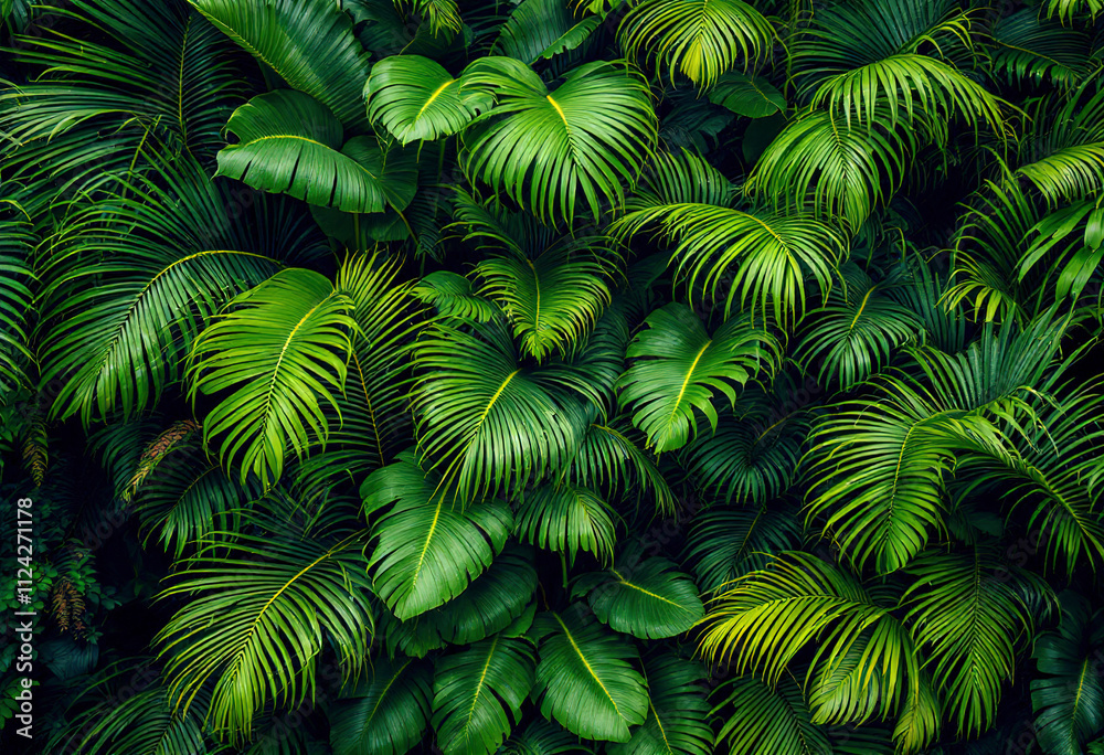 A dense, lush tropical jungle with large green leaves and fronds of various shapes and sizes filling the frame A dense, lush tropical jungle with large green leaves and fronds of various shapes and sizes filling the frame