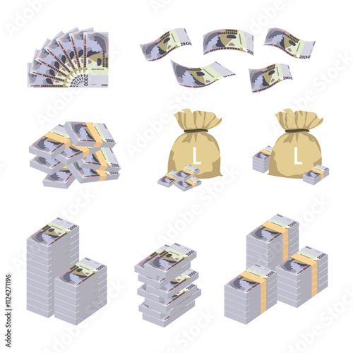 Albanian Lek Vector Illustration. Huge packs of Albania money set bundle banknotes. Bundle with cash bills. Deposit, wealth, accumulation and inheritance. Falling money 2000 ALL