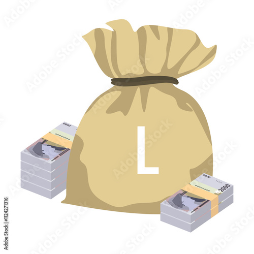 Albanian Lek Vector Illustration. Albania money set bundle banknotes. Money bag 2000 ALL. Flat style. Isolated on white background. Simple minimal design.