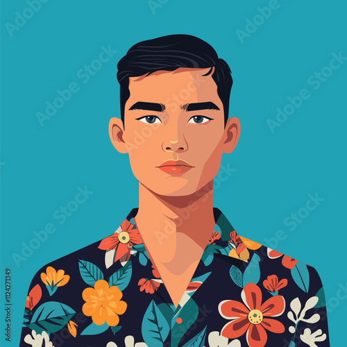Portrait of a Young Asian Man in a Floral Shirt. Vector Illustration. Minimalist Illustration Vector.