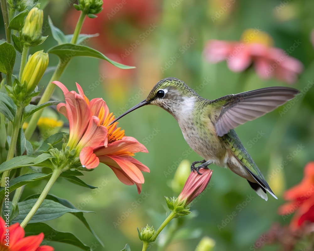A juvenile Rubythroated humming bird feeding on a flower A juvenile Rubythroated humming bird feeding on a flower