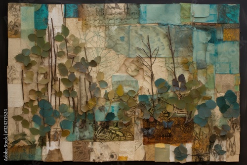 Abstract mixed media collage featuring teal and brown tones, depicting a stylized landscape with foliage and butterflies. photo