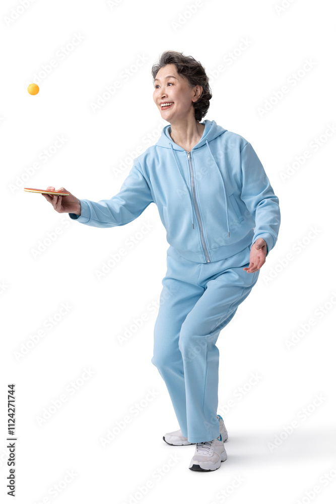 Happy senior Chinese woman doing sports