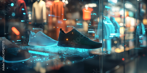  Futuristic Neon Sneakers Displayed in High-Tech Store Environment photo