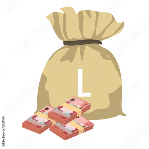 Albanian Lek Vector Illustration. Albania money set bundle banknotes. Money bag 10000 ALL. Flat style. Isolated on white background. Simple minimal design.