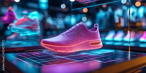  Futuristic Neon Sneakers Displayed in High-Tech Store Environment photo