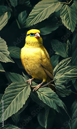 A bright yellow canary on a leafy branch1 photo