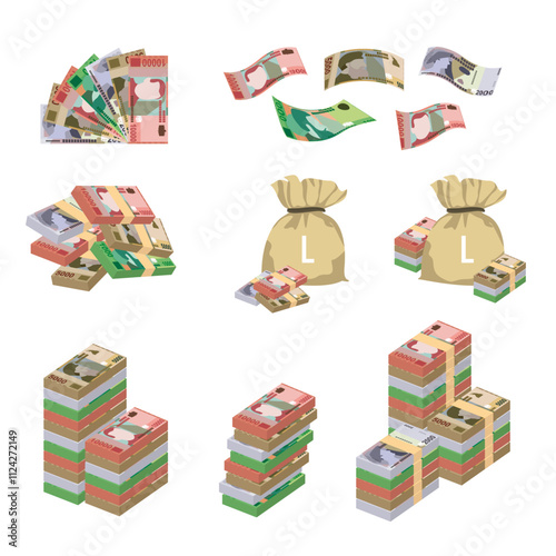 Albanian Lek Vector Illustration. Huge packs of Albania money set bundle banknotes. Bundle with cash bills. Deposit, wealth, accumulation and inheritance. Falling money 1000, 2000, 5000, 10000 ALL