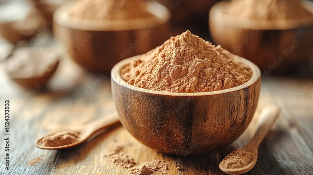 Cozy coffee with collagen powder on rustic table with spoon Cozy coffee with collagen powder on rustic table with spoon