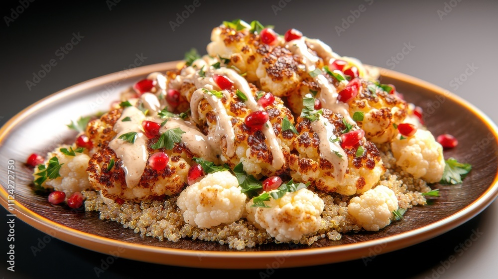 Healthy roasted cauliflower and quinoa salad with pomegranate kitchen food vibrant setting close-up culinary delight Healthy roasted cauliflower and quinoa salad with pomegranate kitchen food vibrant setting close-up culinary delight