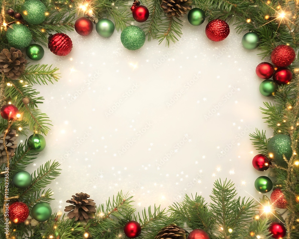 Festive Christmas Frame with Ornaments and Pine Branches Festive Christmas Frame with Ornaments and Pine Branches