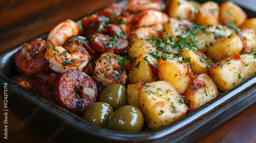 Close-up of a rustic dish featuring roasted shrimp, chorizo slices, golden crispy potatoes, and green olives, topped with fresh herbs and served in a black tray. Close-up of a rustic dish featuring roasted shrimp, chorizo slices, golden crispy potatoes, and green olives, topped with fresh herbs and served in a black tray.