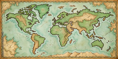 Antique World Map Illustration A Hand-Drawn Vintage Style Cartographic Design Featuring Continents and Oceans