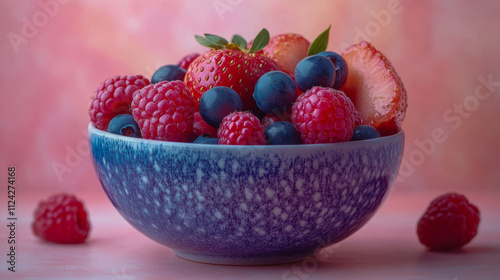 Fresh berry and flaxseed cereal bowl on pastel background in soft morning light
