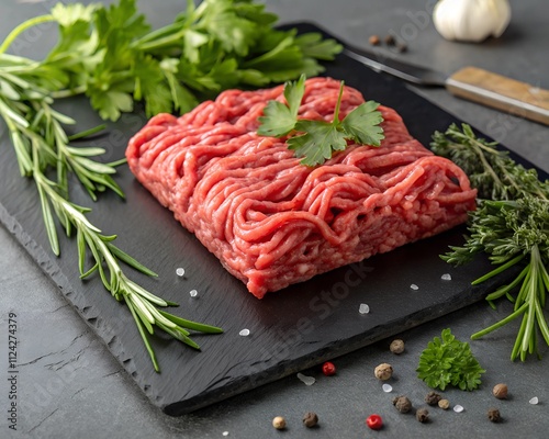 Minced meat on a slate stone black board with fresh herbs
