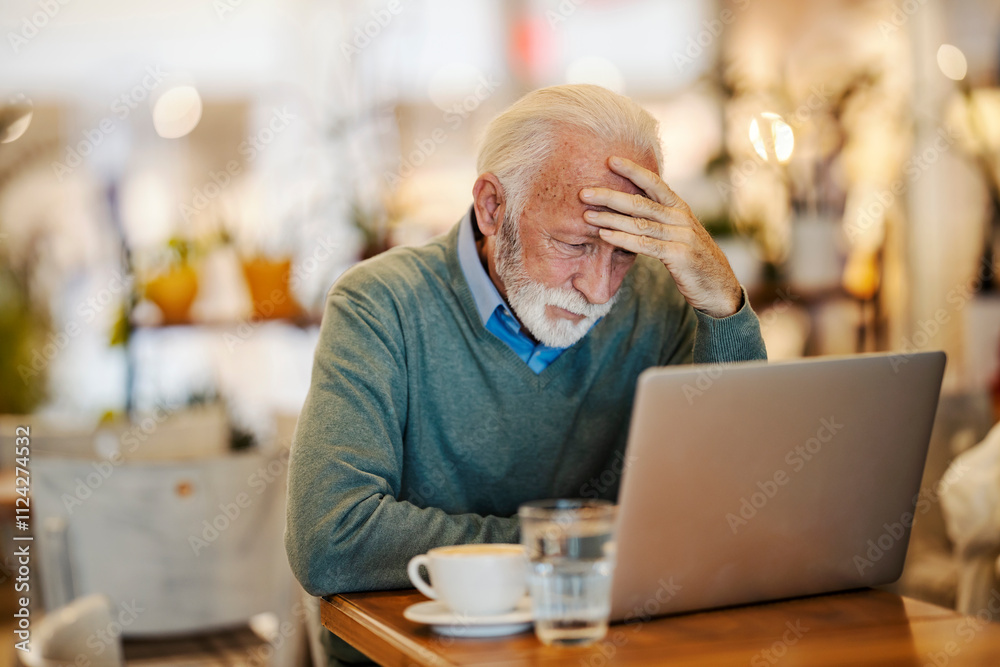 Stressed old man in coffee shop looking at his bank account on laptop in coffee shop. Stressed old man in coffee shop looking at his bank account on laptop in coffee shop.