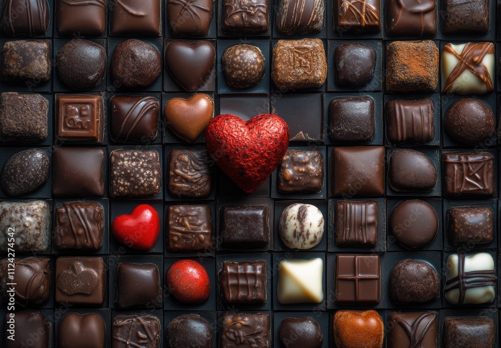 A Wide Variety of Artisan Chocolate Truffles Arranged in a Beautiful Display Featuring a Red Heart-Shaped Truffle as the Centerpiece for Romantic Occasions A Wide Variety of Artisan Chocolate Truffles Arranged in a Beautiful Display Featuring a Red Heart-Shaped Truffle as the Centerpiece for Romantic Occasions
