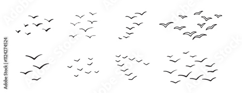 Birds flying line in the sky set. Ink grunge flock of birds afar brush hand drawn. markers and crayons