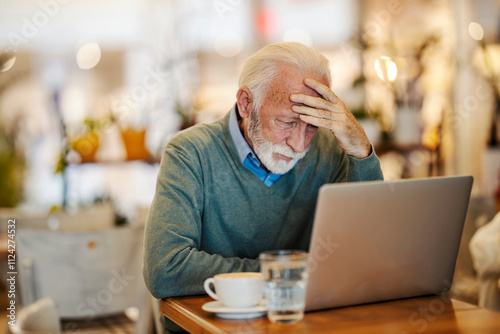 Stressed old man in coffee shop looking at his bank account on laptop in coffee shop.