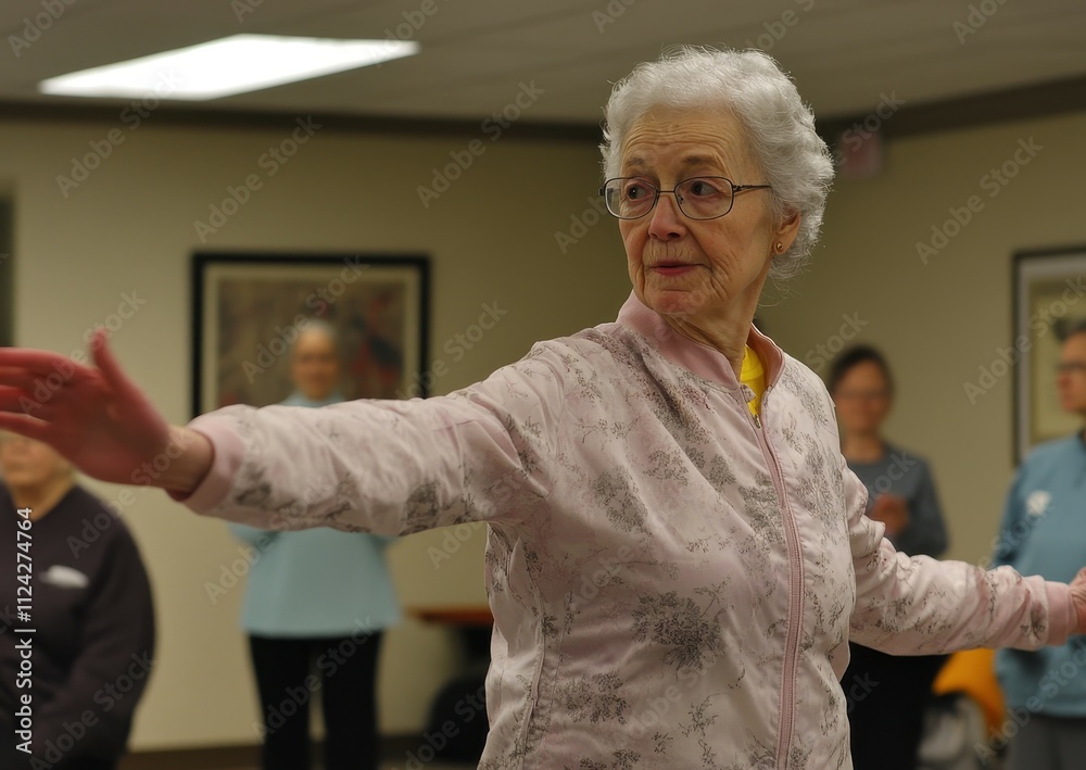 Older adults in the wellness class practice Qi Gong or Tai Chi for relaxation Older adults in the wellness class practice Qi Gong or Tai Chi for relaxation