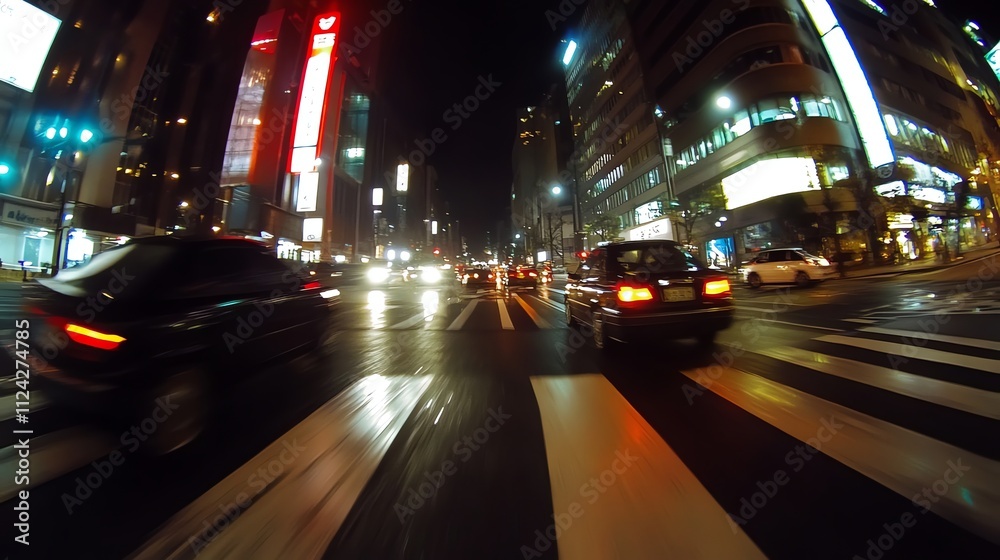 Fototapeta premium Cars drive down a street in a city at night.