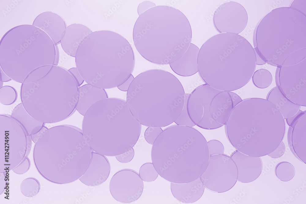 White abstract background with flying violet plastic circles, pattern, top view. 3D illustration with circles texture in cosmetic, gentle, airy, fashion, geometric style for sale, advertising, design.