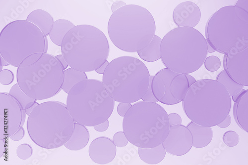 White abstract background with flying violet plastic circles, pattern, top view. 3D illustration with circles texture in cosmetic, gentle, airy, fashion, geometric style for sale, advertising, design.