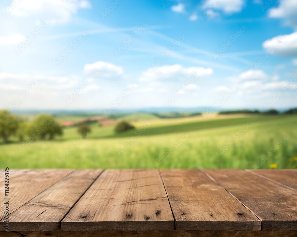 The empty wooden brown table top with blur background of farmland and blue sky The empty wooden brown table top with blur background of farmland and blue sky