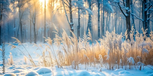Winter Sunrise Illuminates Frost-Covered Reeds in a Snowy Forest
