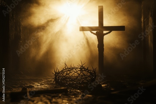 Outline of the cross and crown of thorns representing Jesus Christ s suffering set against a radiant backdrop of Holy Week and Easter photo