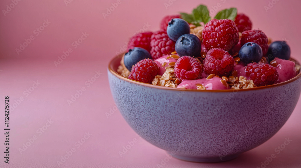 Healthy breakfast bowl with flaxseeds and berries on pastel background Healthy breakfast bowl with flaxseeds and berries on pastel background