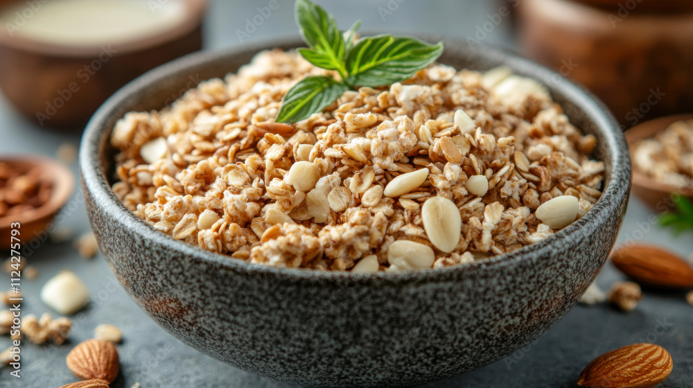 Healthy cereal bowl with hemp seeds and almond milk on light pastel background Healthy cereal bowl with hemp seeds and almond milk on light pastel background