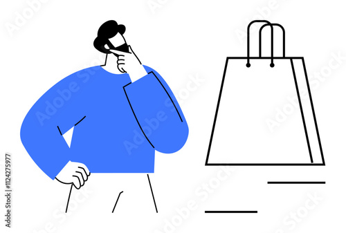 Businessman in blue shirt contemplating a purchase next to a large shopping bag. Ideal for retail, e-commerce, marketing, shopping behavior, decision-making, consumer research, advertising. Line