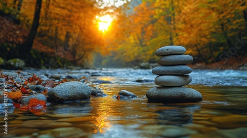 A calm mountain river at sunset, with stacks of river stones artistically arranged along the shoreline, glowing warmly in the golden light and surrounded by vibrant autumn foliage photo