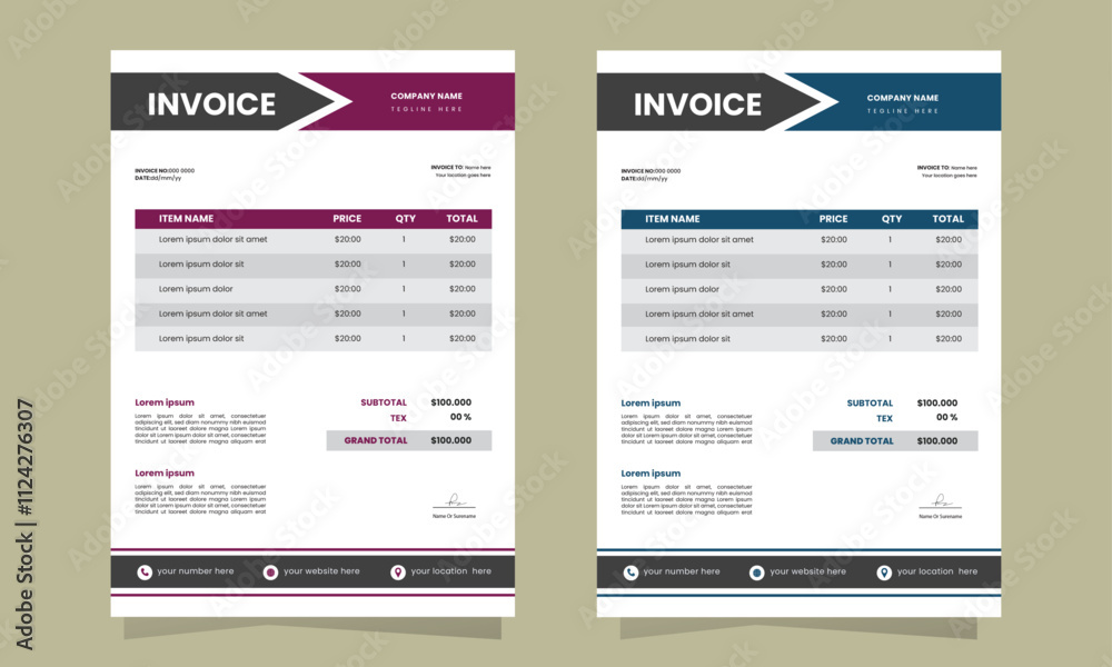 Obraz premium modern and corporate Business invoice form template. Invoicing quotes, money bills or price invoices and payment agreement design templates. Tax form, bill graphic or payment receipt page vector set