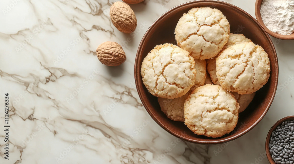 High protein cookies with ingredients on marble background in soft light High protein cookies with ingredients on marble background in soft light
