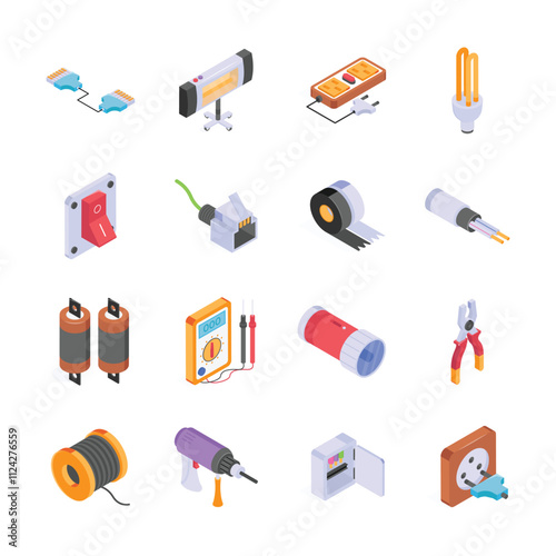 This image features a collection of colorful, isometric illustrations of various electrical and construction tools