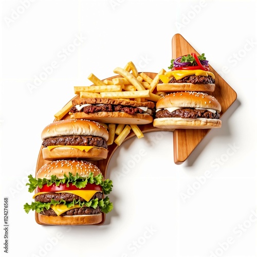 right arrow of fast food, food, hamburger, cheeseburger, French fries, sandwich, on a wooden board, banner for signs on the highway to the restaurant isolated on white