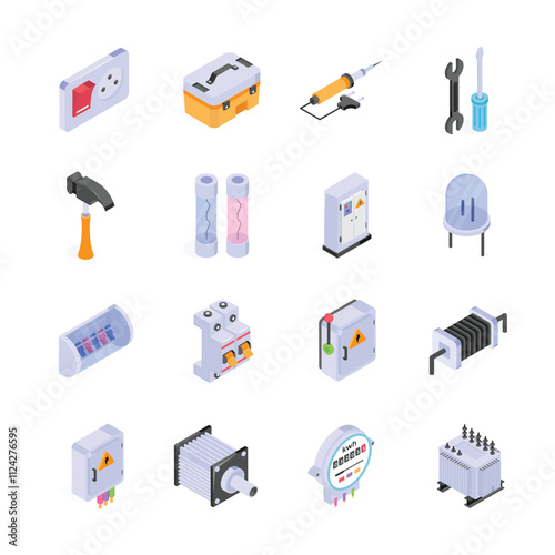 This set of isometric icons depicts various electrical components and tools