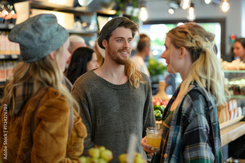 Group of friends talking and drinking juice at the food market. They are looking at each other and smiling. Group of friends talking and drinking juice at the food market. They are looking at each other and smiling.