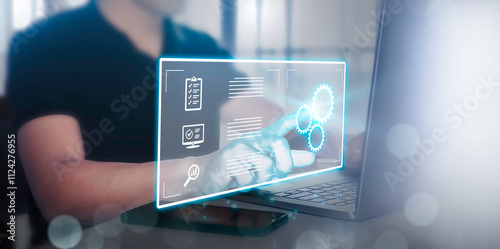 Man touching Automation Software virtual screen Technology Process System Business concept.