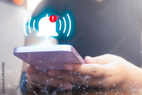 People using smartphone with Notification bell button on app screen, Remote online alerts, home security signal.