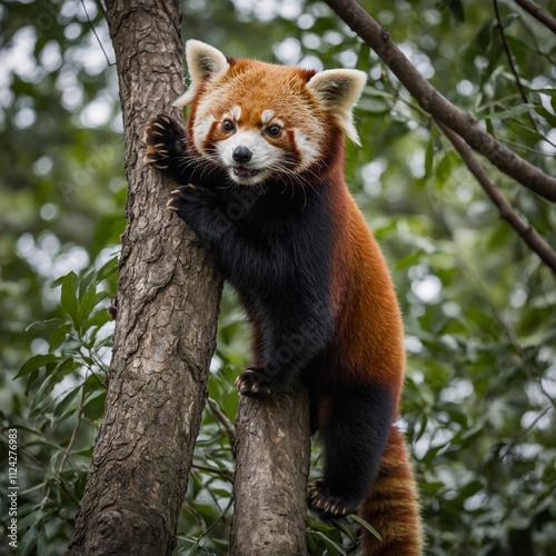 A red panda climbing a tree.